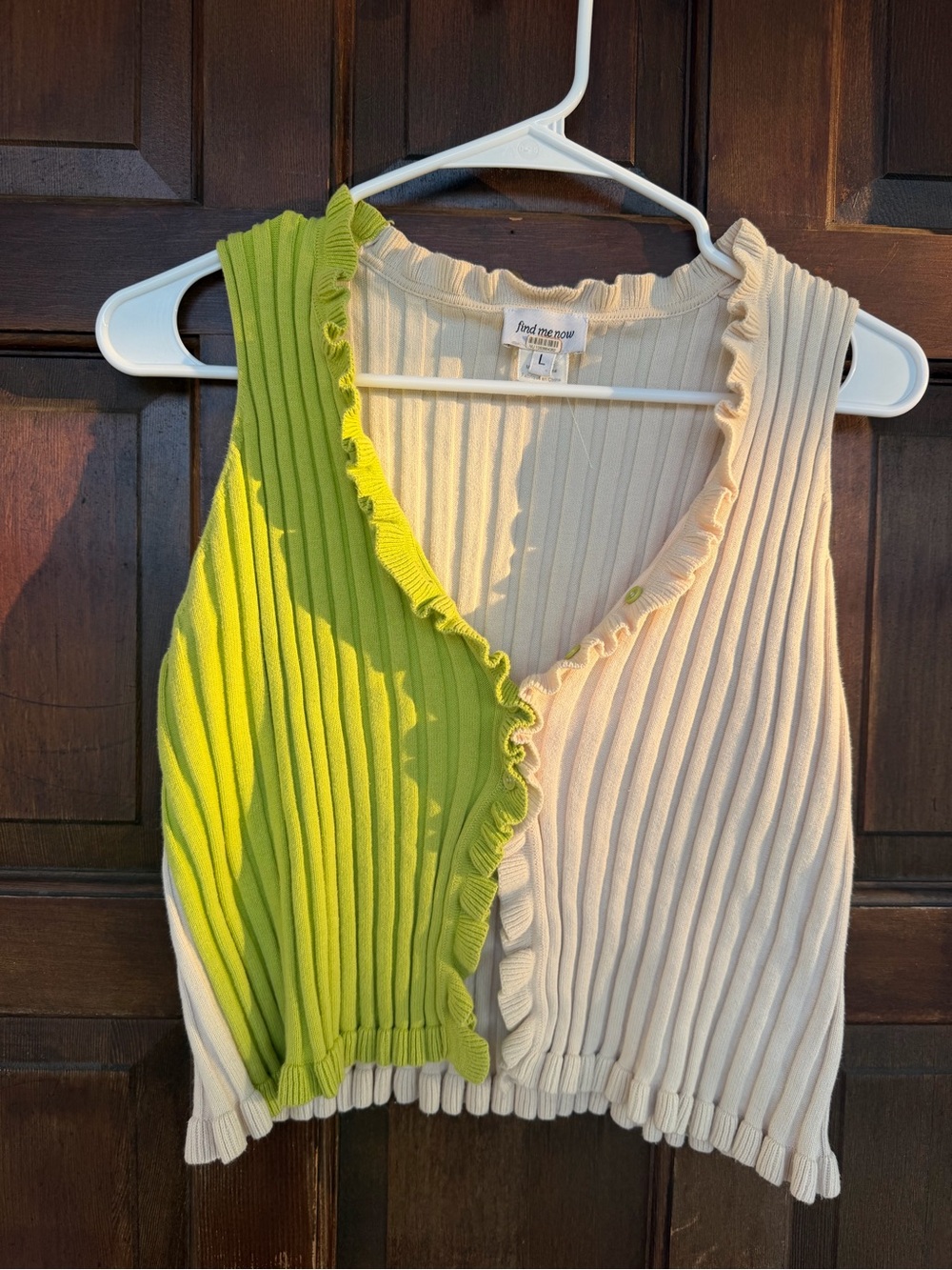 Two-Tone Ruffled Rib Knit Tank Top - Lime & Cream - Picture 2 of 6
